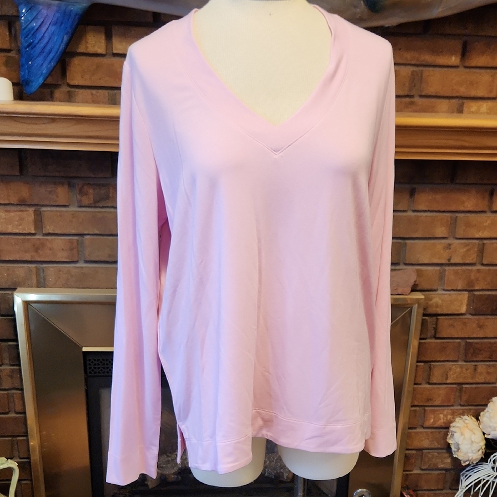 Tommy Bahama Light Pink V-Neck Long Sleeve Top Kauai Jersey Size L Soft Cozy